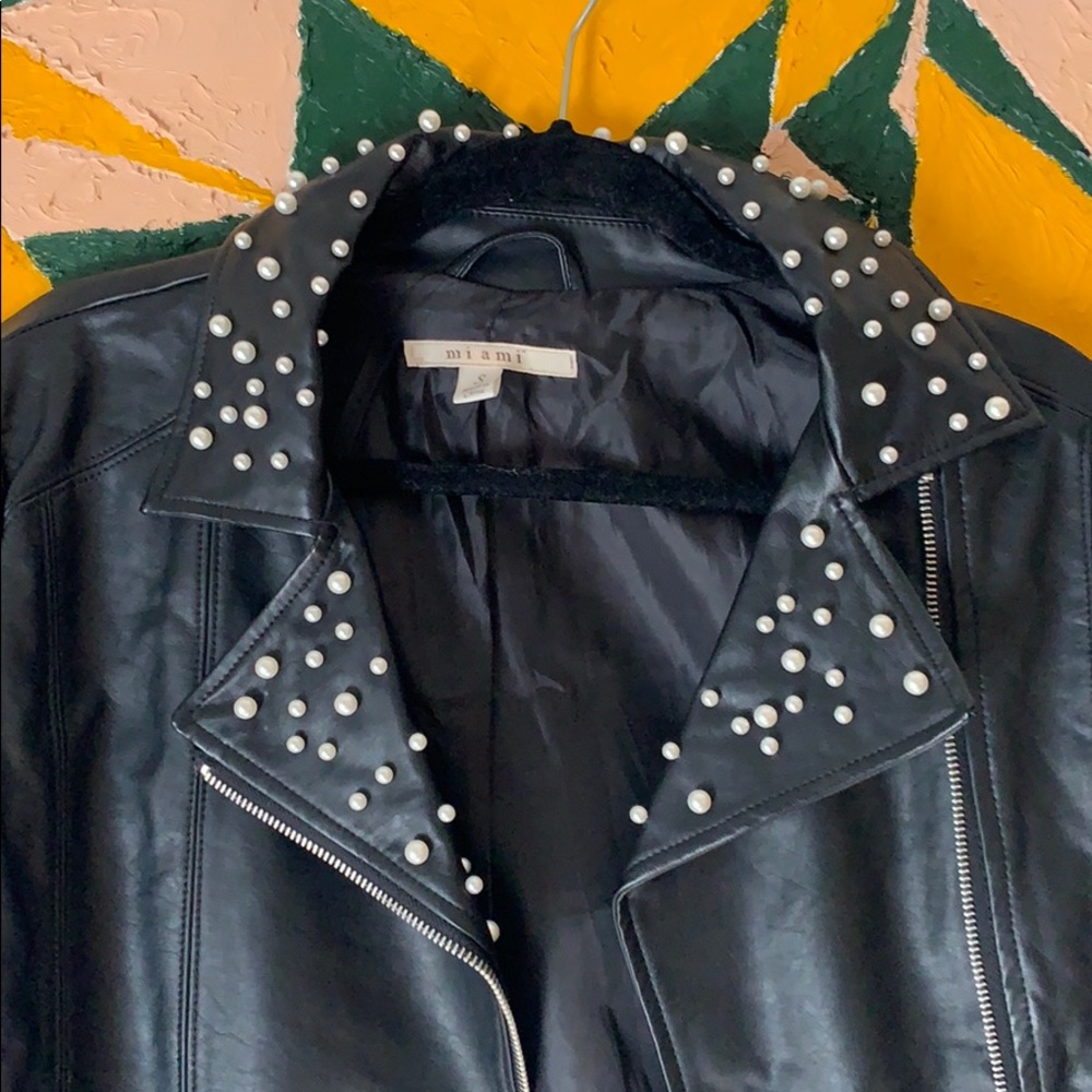 Pearl Accented Leather Jacket with Stretch Fabric